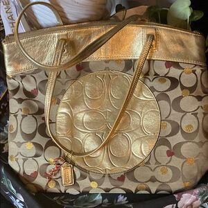 Coach Gold and Brown Signature Admirer Tote Bag